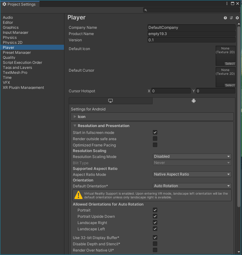 Unity Project settings player Arm Developer